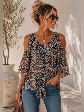 By & By Women's Size M Lightweight Sheer Cold
Shoulder Tie Front Button Up Top